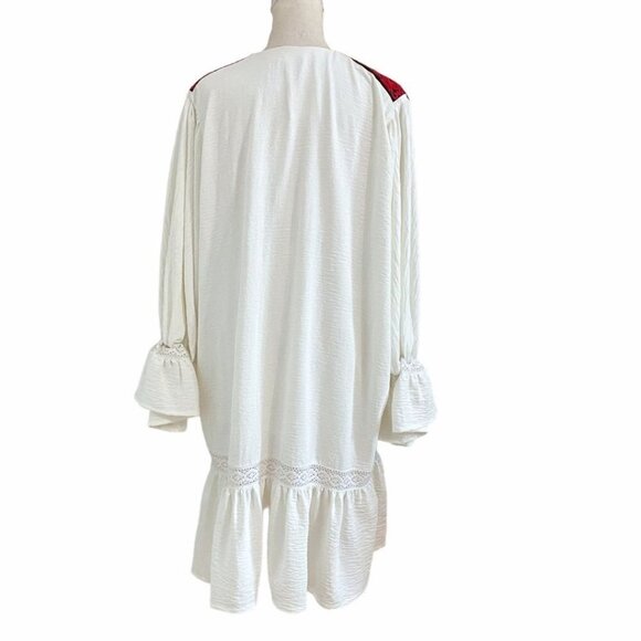 ORO WHITE GAUZY RED EMBROIDERY BIB MIDI KAFTAN DRESS - OS - Picture 3 of 8